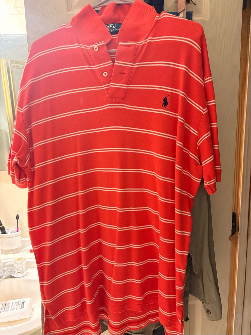 Vintage Mens Polo by Ralph Lauren Orange Polo with White Stripes Size Large